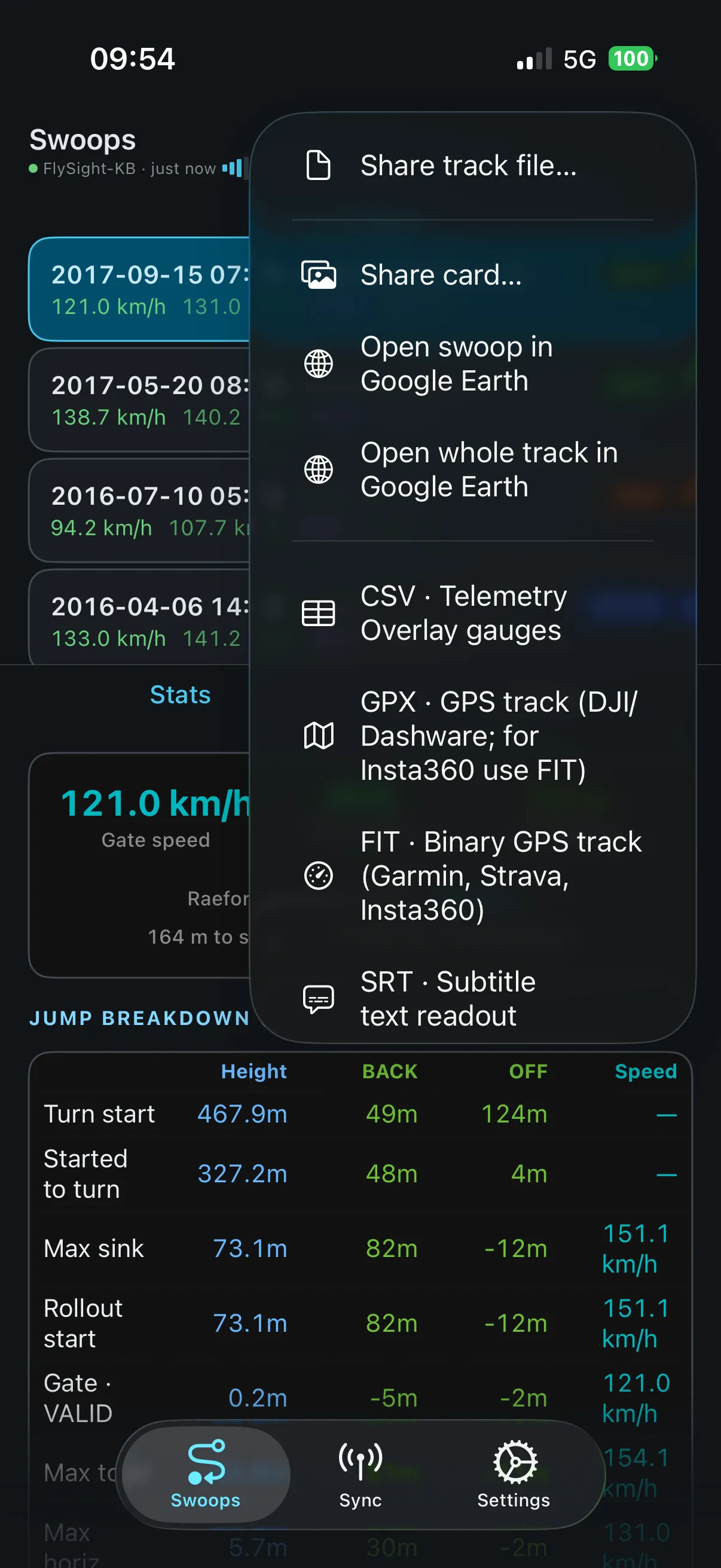 SwoopSight share and export menu